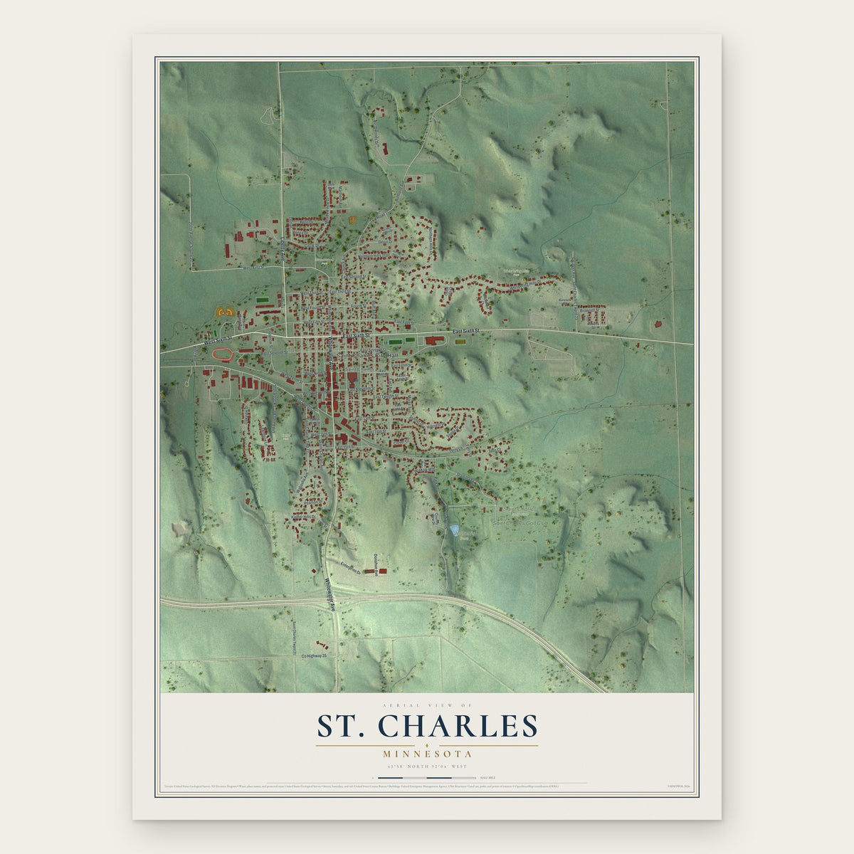 St. Charles, Minnesota map print, the full design