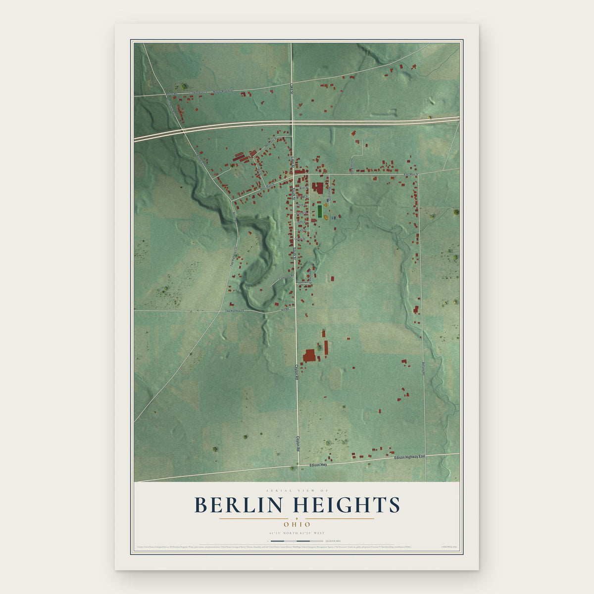 Berlin Heights, Ohio map print, the full design