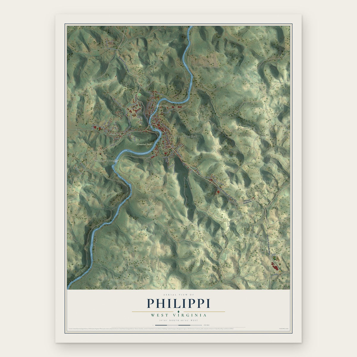 Philippi, West Virginia map print, the full design