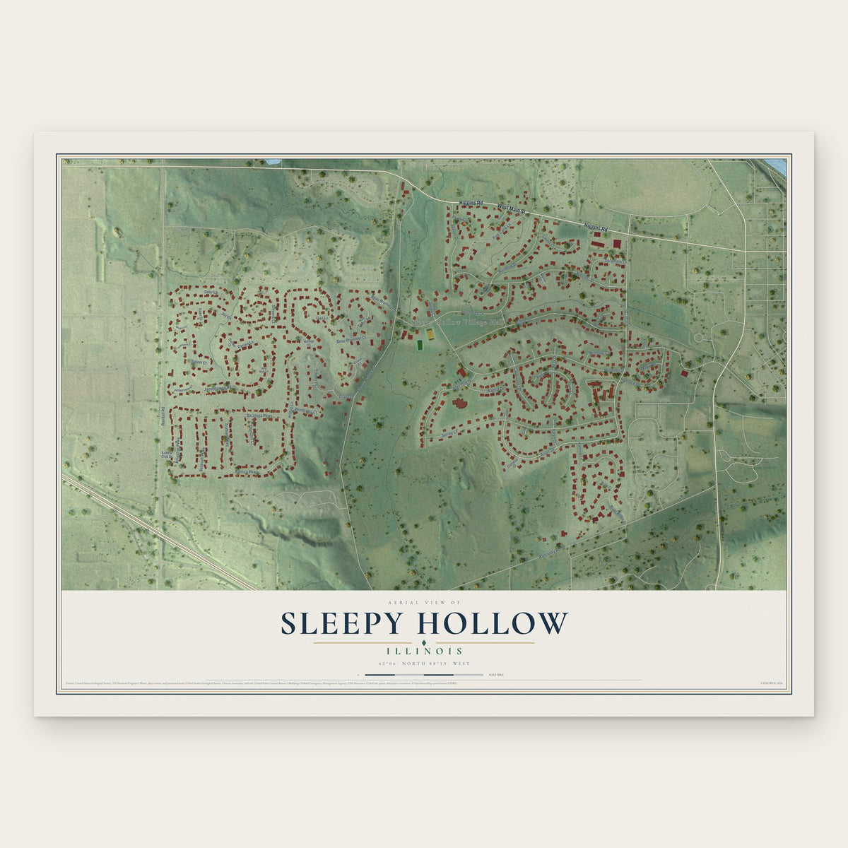 Sleepy Hollow, Illinois map print, the full design