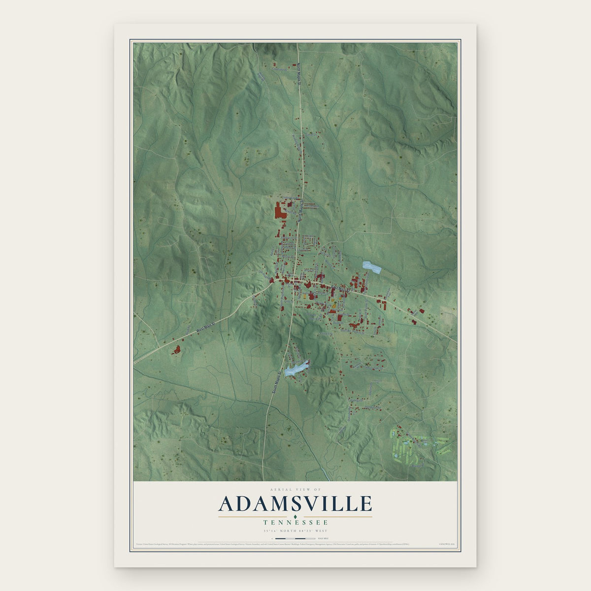 Adamsville, Tennessee map print, the full design