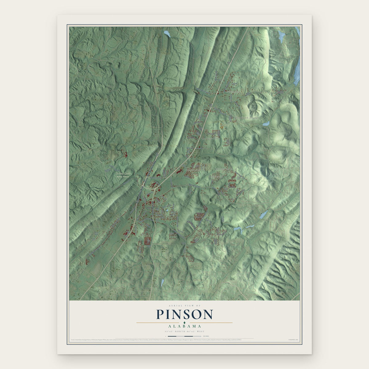 Pinson, Alabama map print, the full design