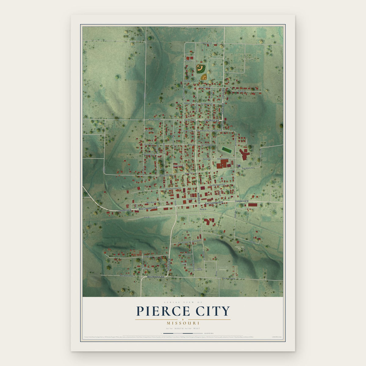 Pierce City, Missouri map print, the full design