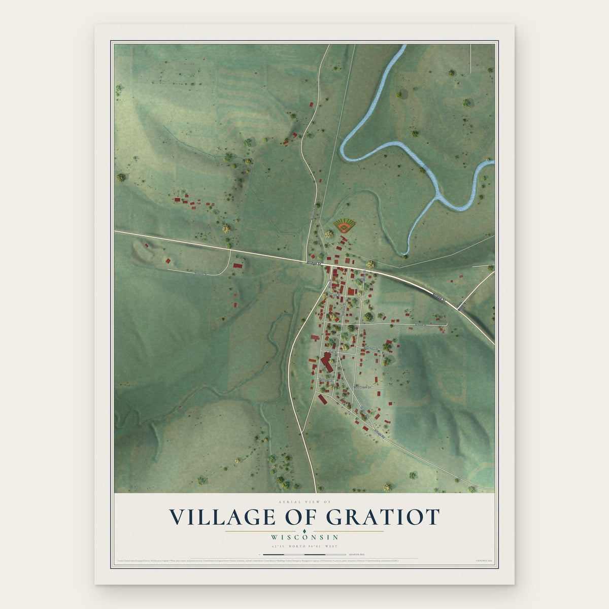Gratiot, Wisconsin map print, the full design