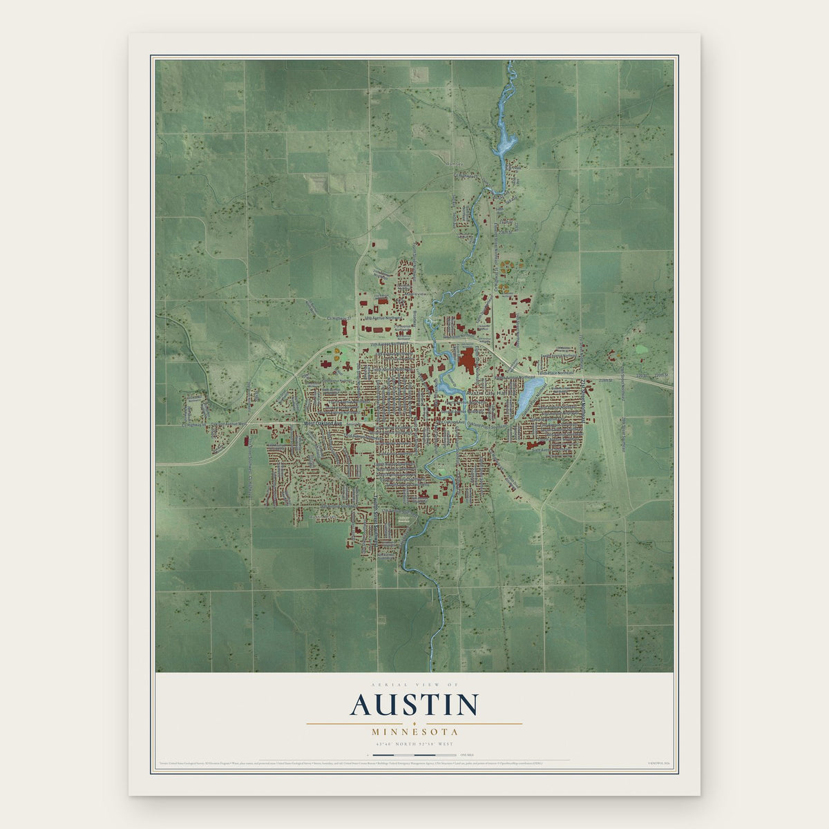 Austin, Minnesota map print, the full design