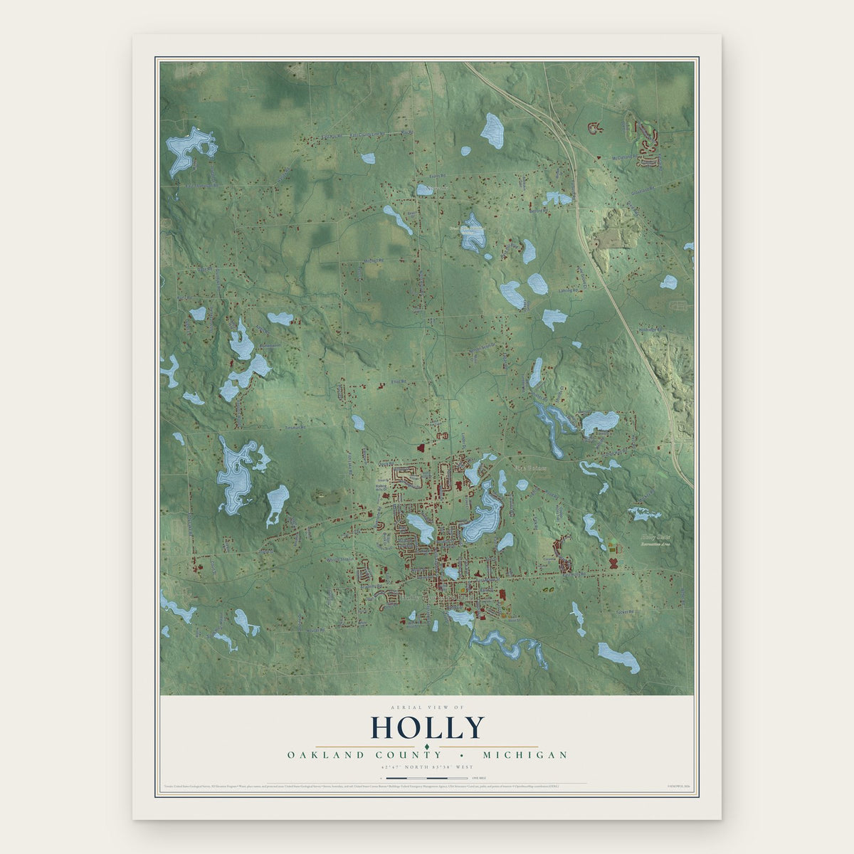 Holly, Oakland County, Michigan map print, the full design