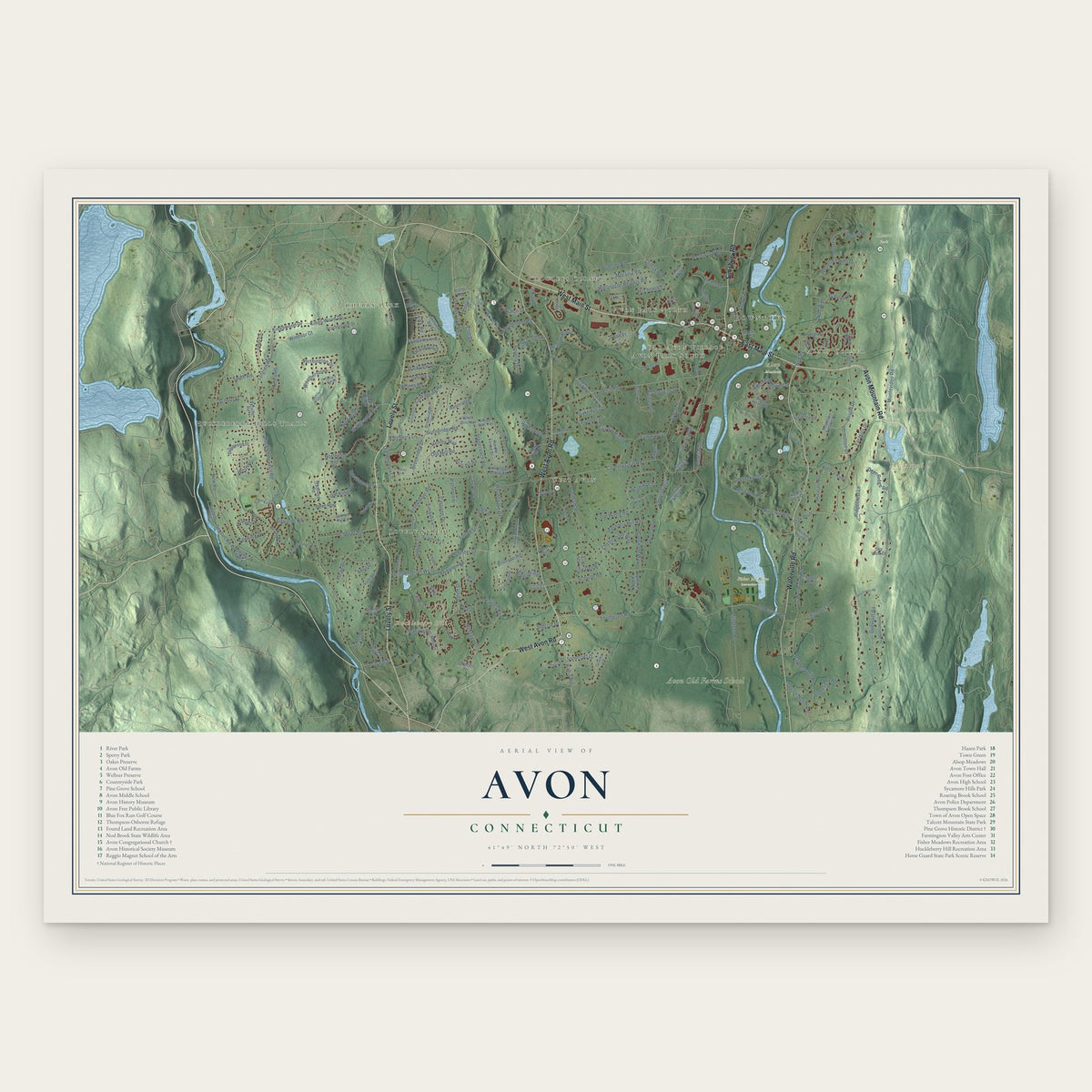 Avon, Connecticut map print, the full design