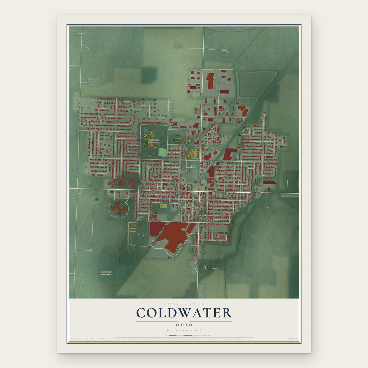 Coldwater, Ohio map print, the full design