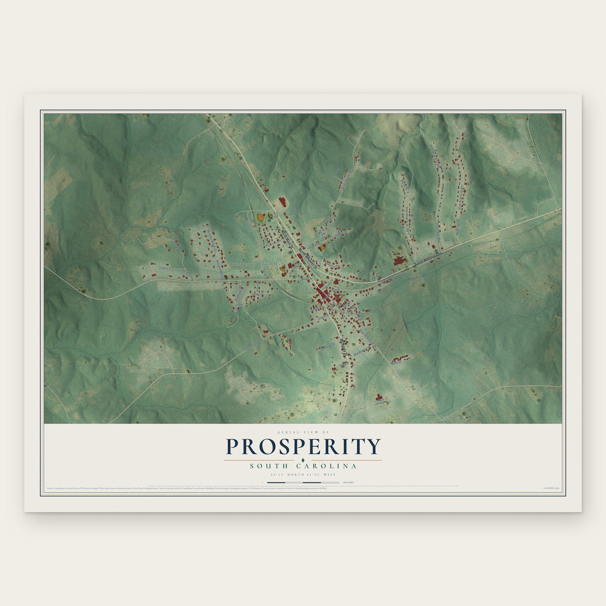 Prosperity, South Carolina map print, the full design