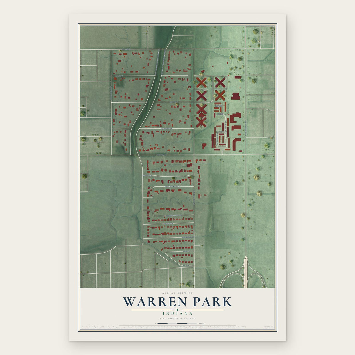 Warren Park, Indiana map print, the full design