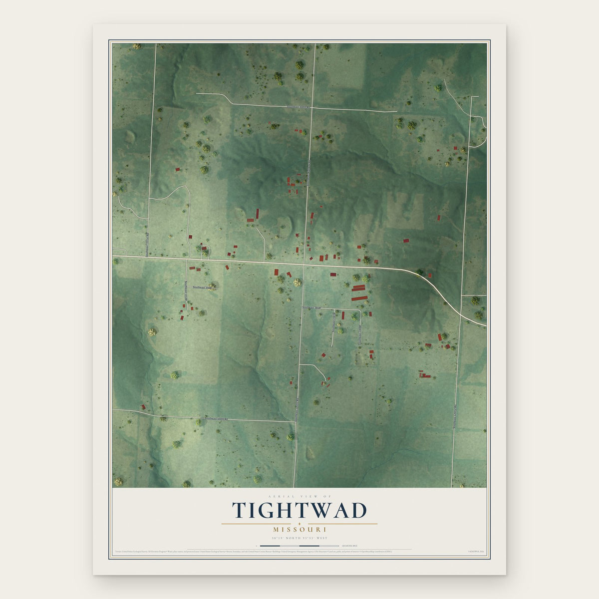 Tightwad, Missouri map print, the full design