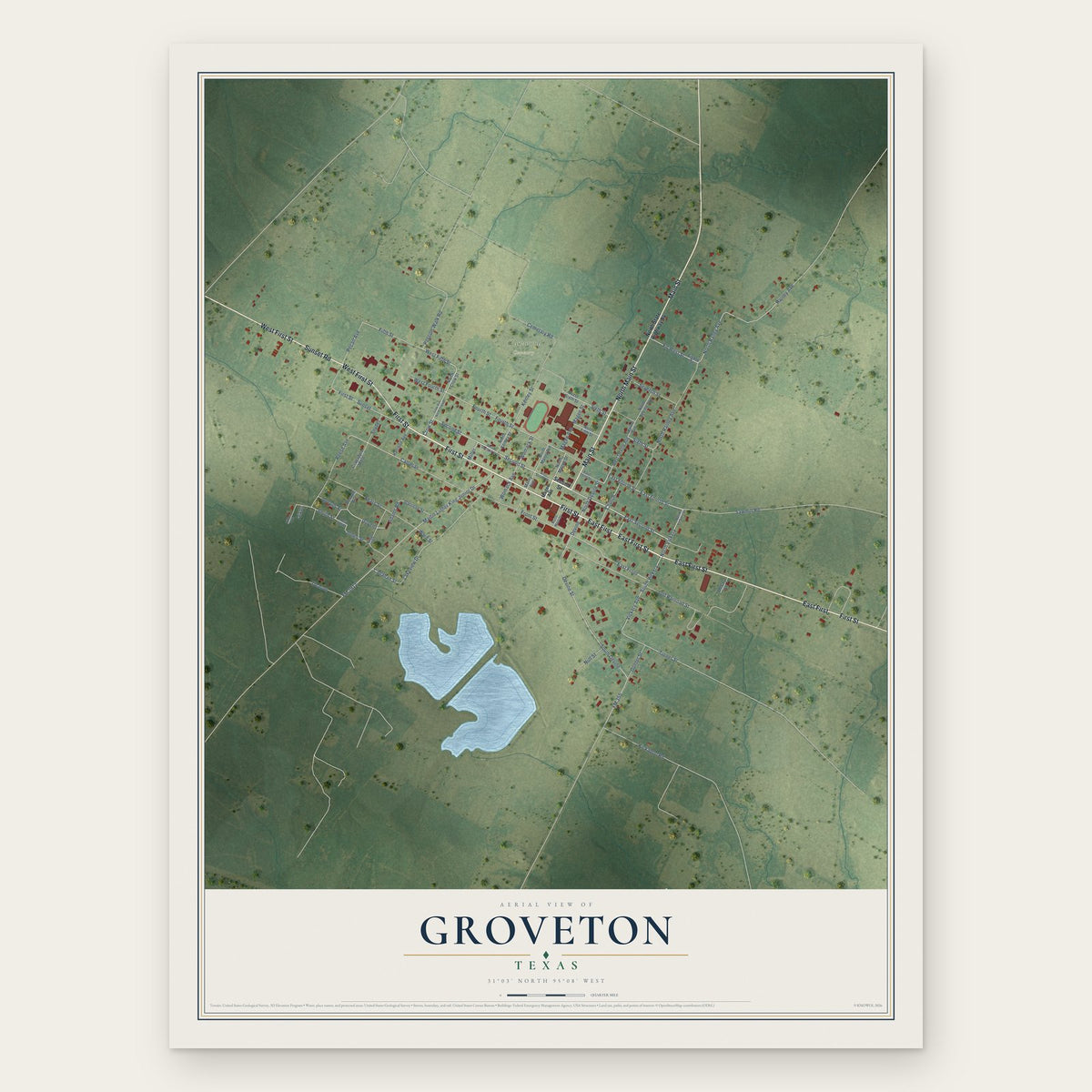 Groveton, Texas map print, the full design