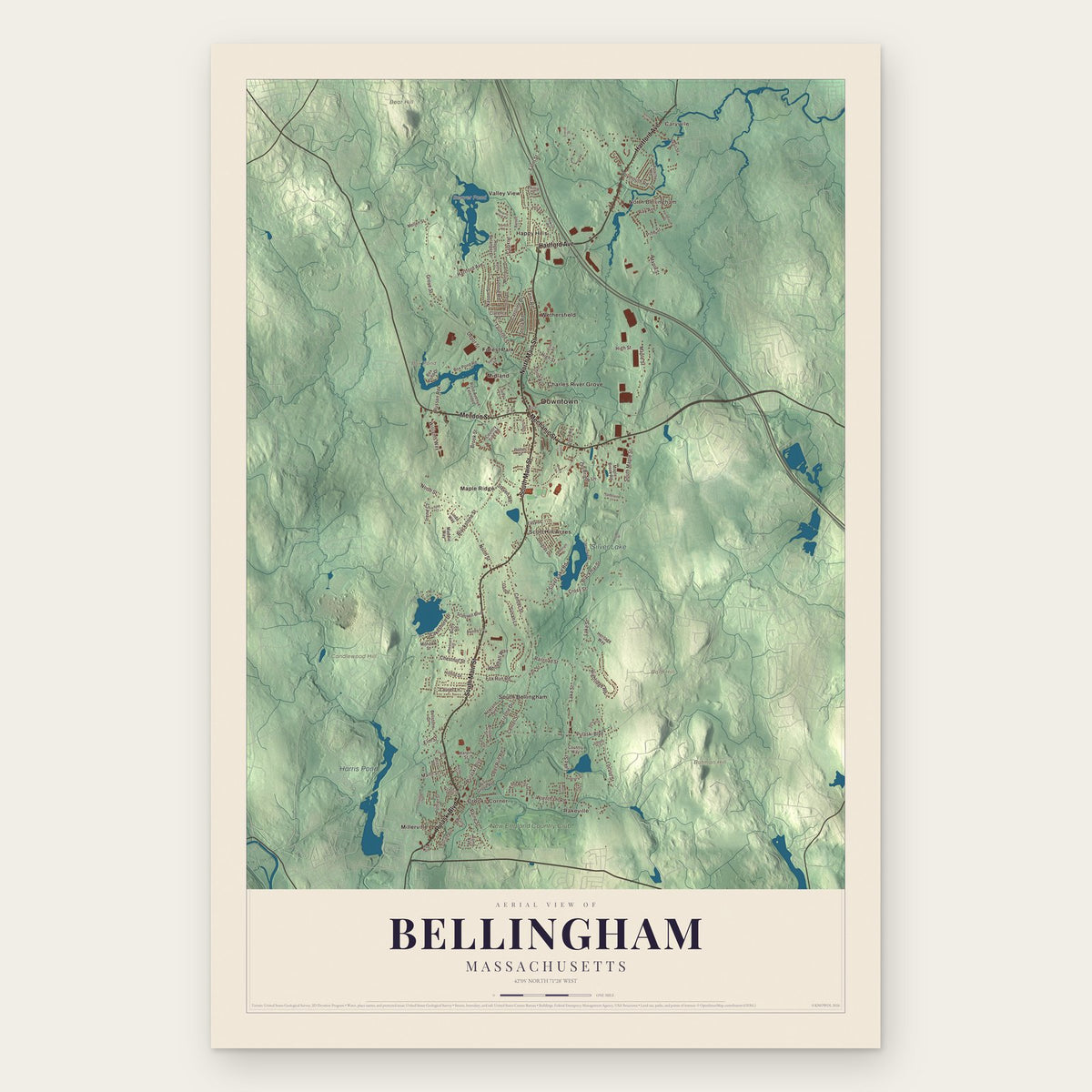 Bellingham, Massachusetts map print, the full design