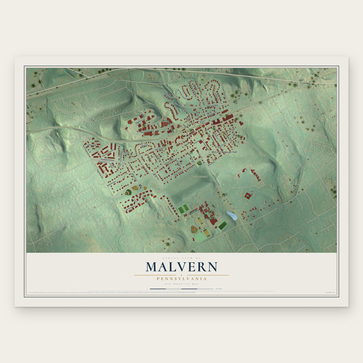 Malvern, Pennsylvania map print, the full design