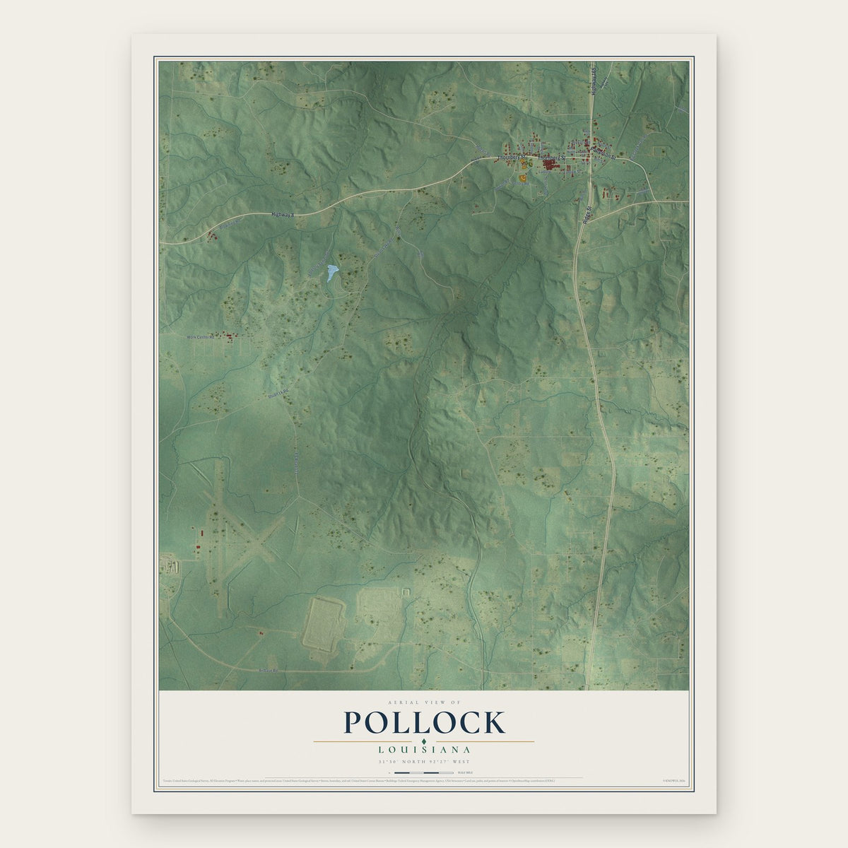 Pollock, Louisiana map print, the full design