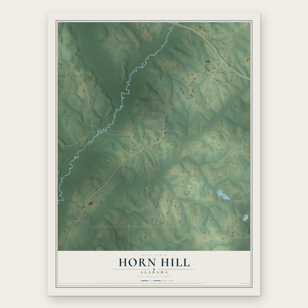 Horn Hill, Alabama map print, the full design