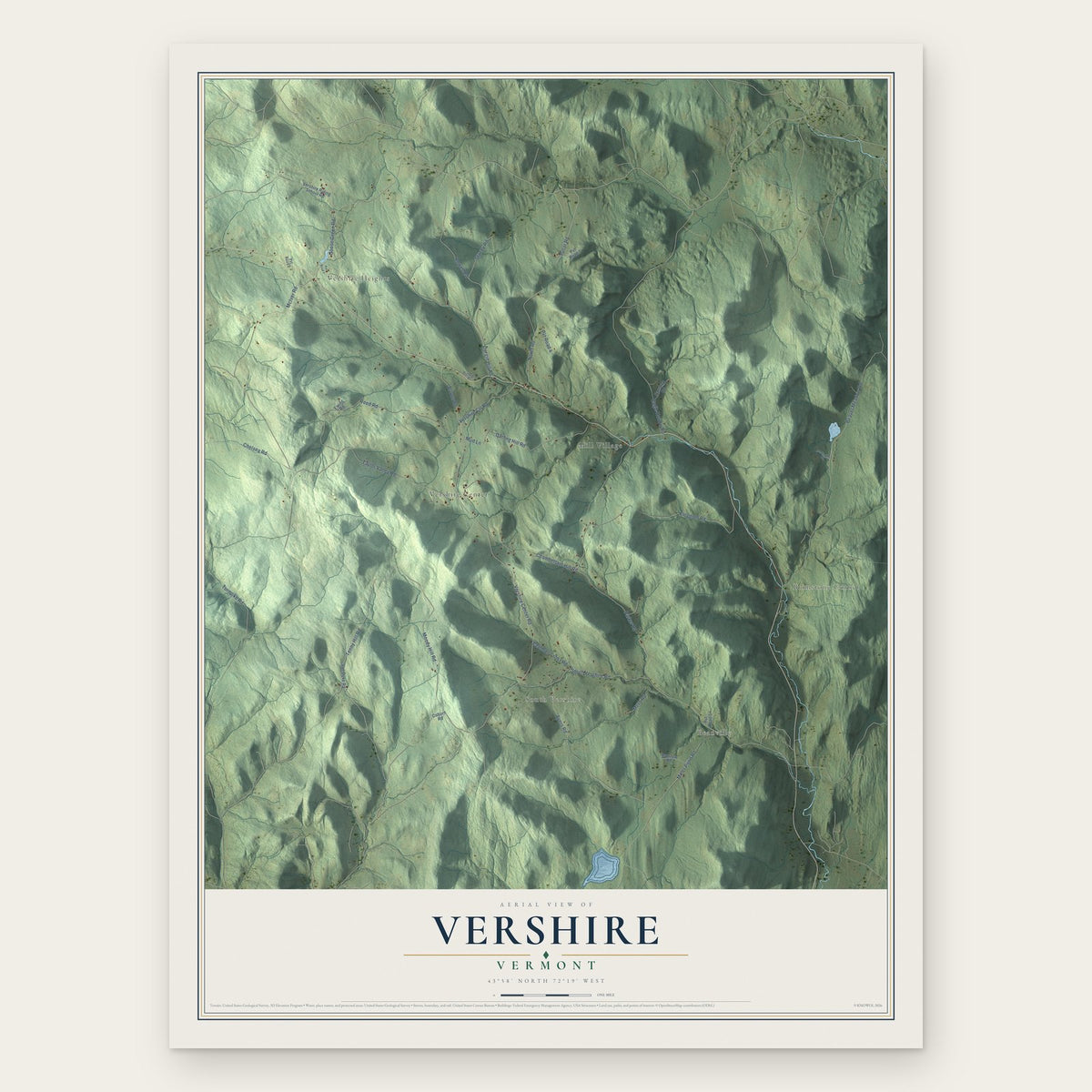 Vershire, Vermont map print, the full design