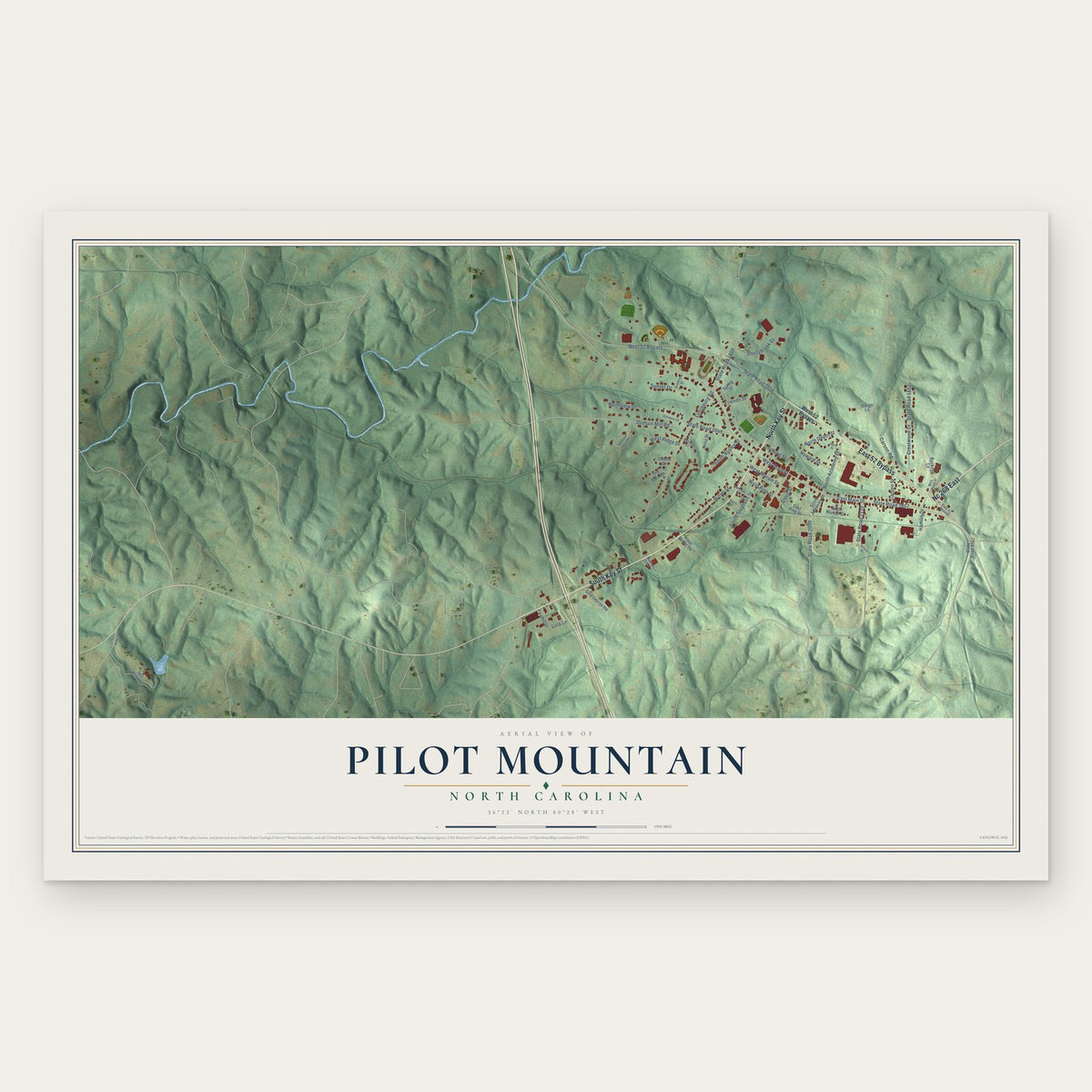 Pilot Mountain, North Carolina map print, the full design