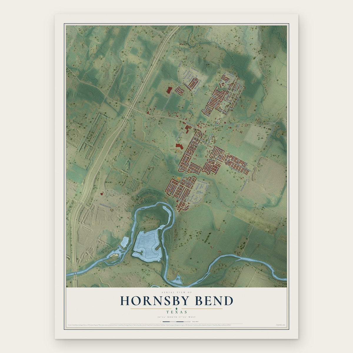 Hornsby Bend, Texas map print, the full design