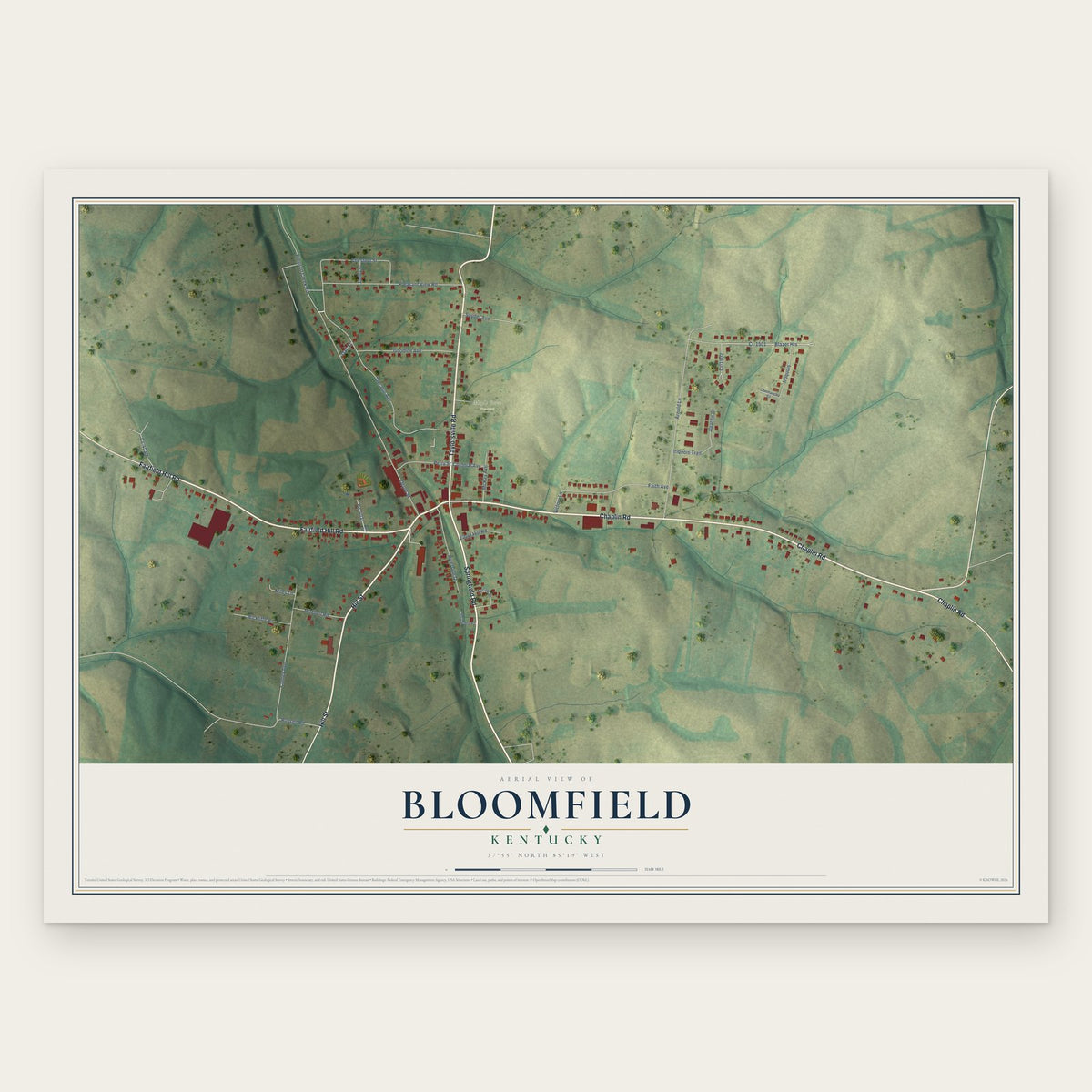 Bloomfield, Kentucky map print, the full design