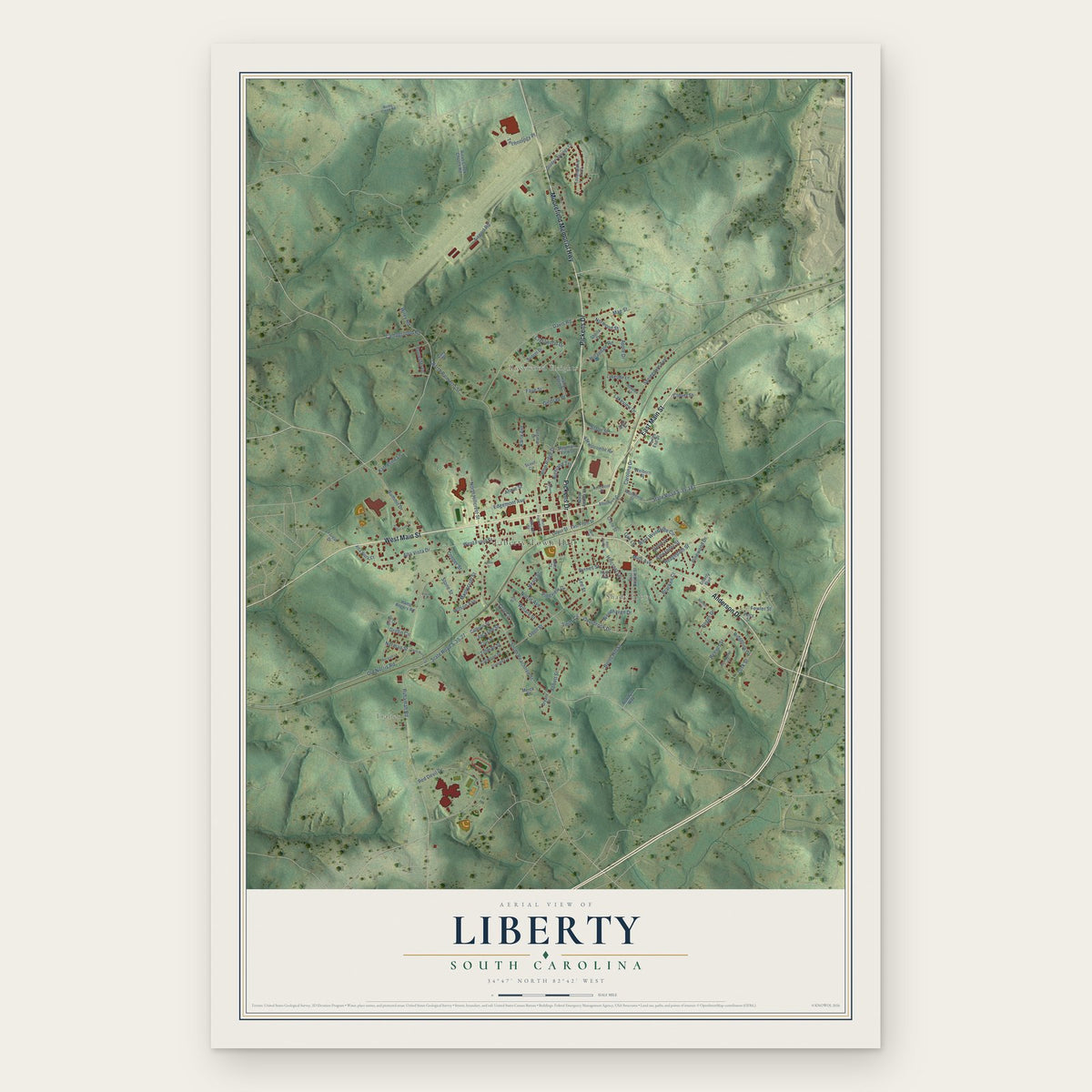 Liberty, South Carolina map print, the full design