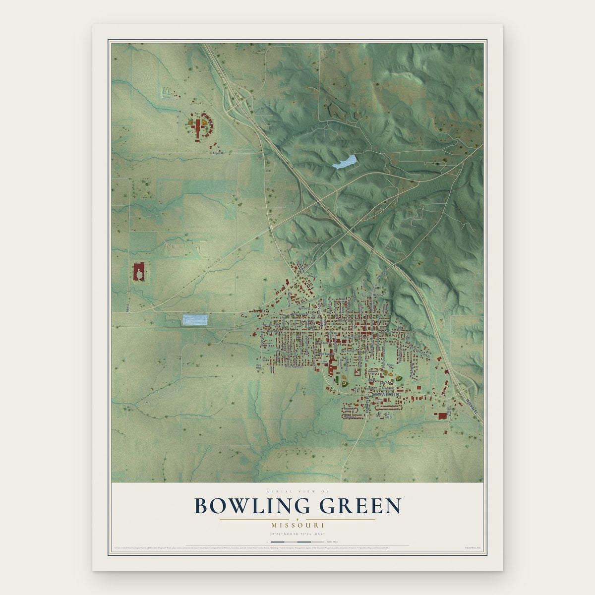 Bowling Green, Missouri map print, the full design