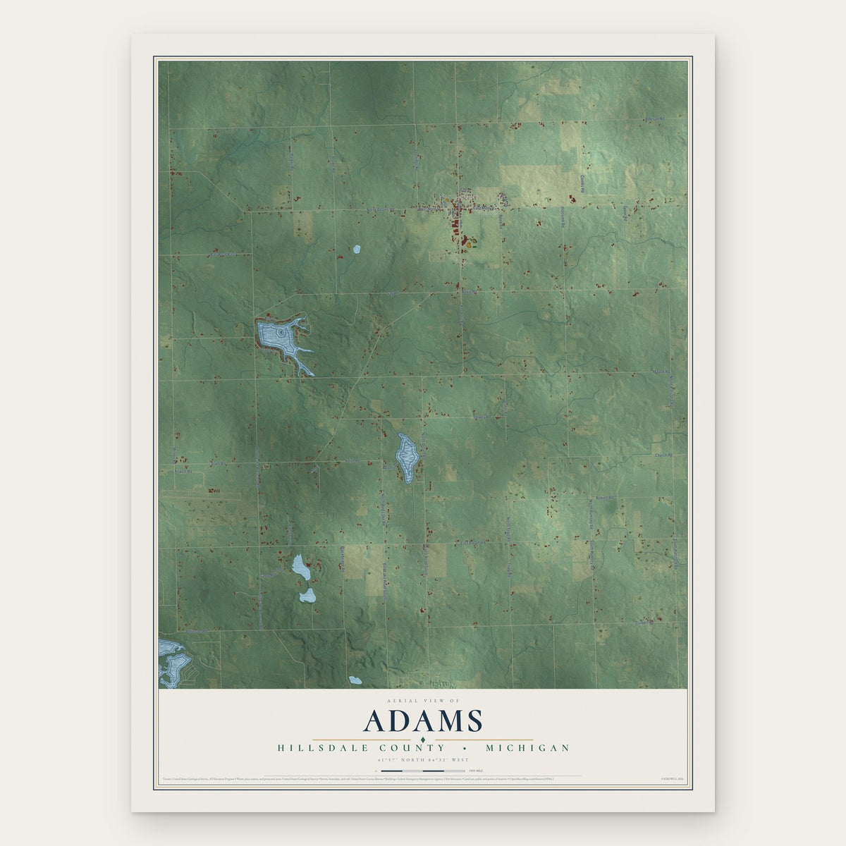 Adams, Hillsdale County, Michigan map print, the full design
