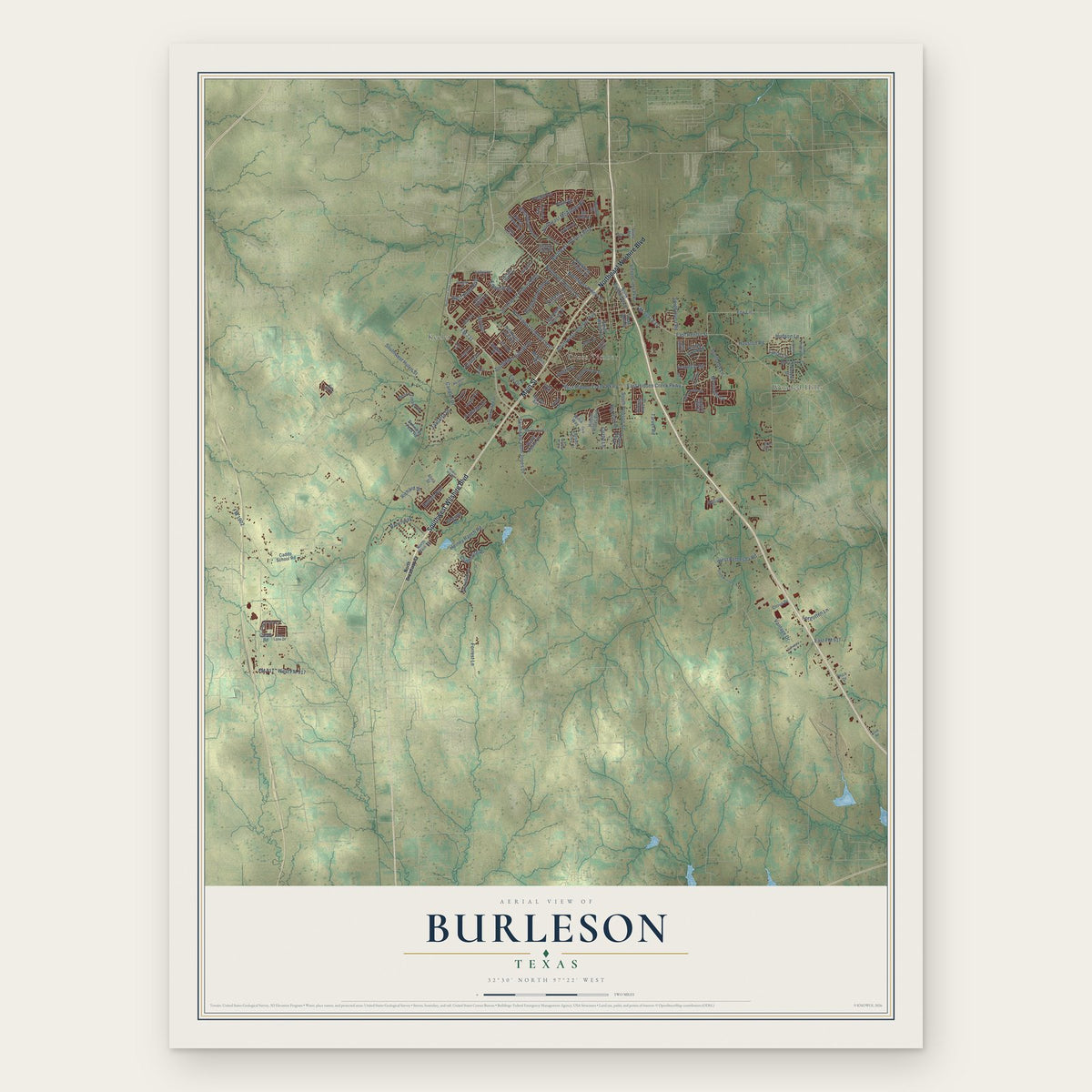 Burleson, Texas map print, the full design