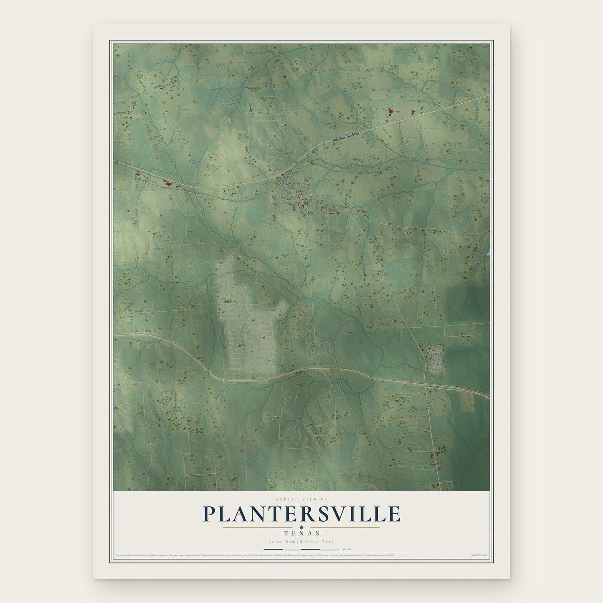 Plantersville, Texas map print, the full design