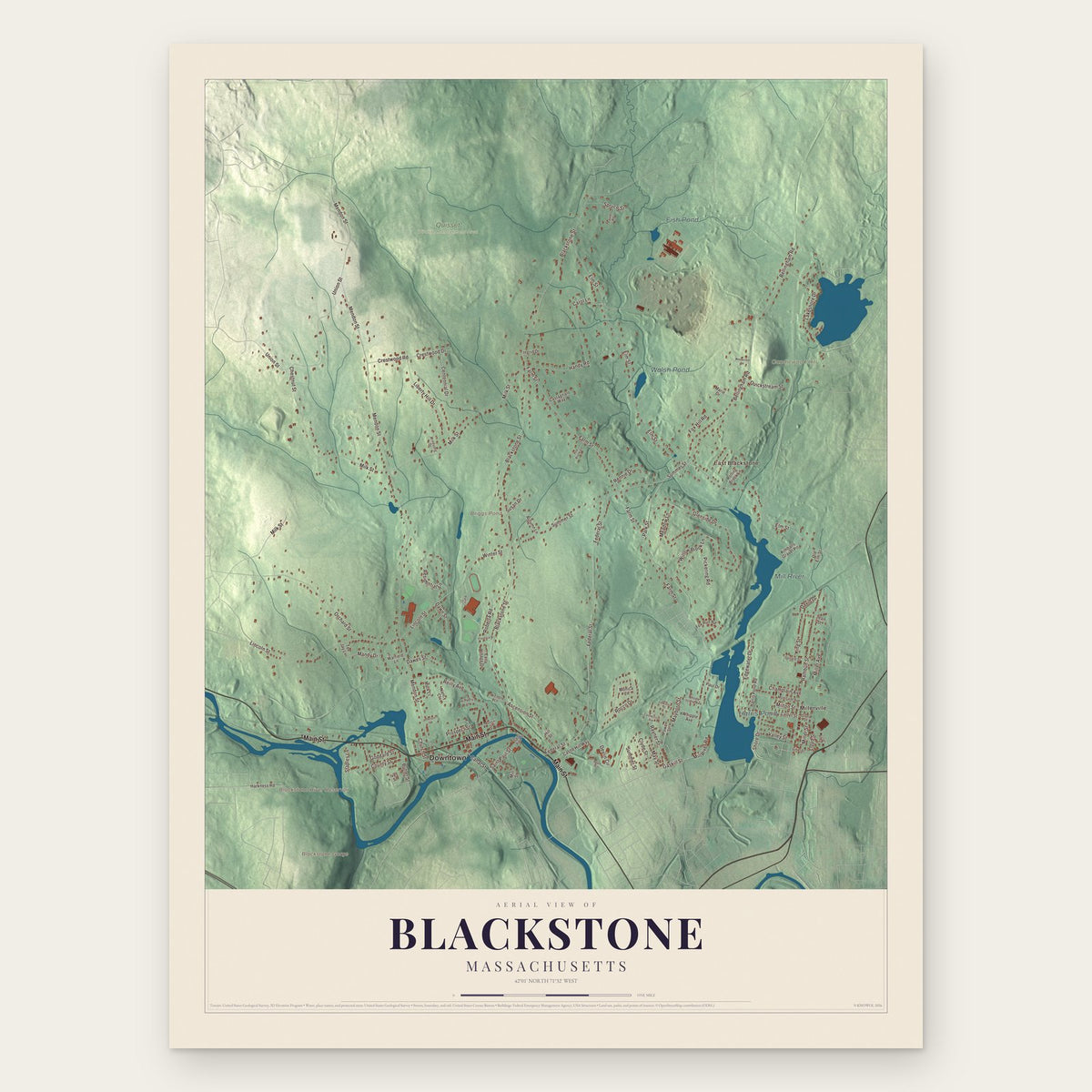 Blackstone, Massachusetts map print, the full design