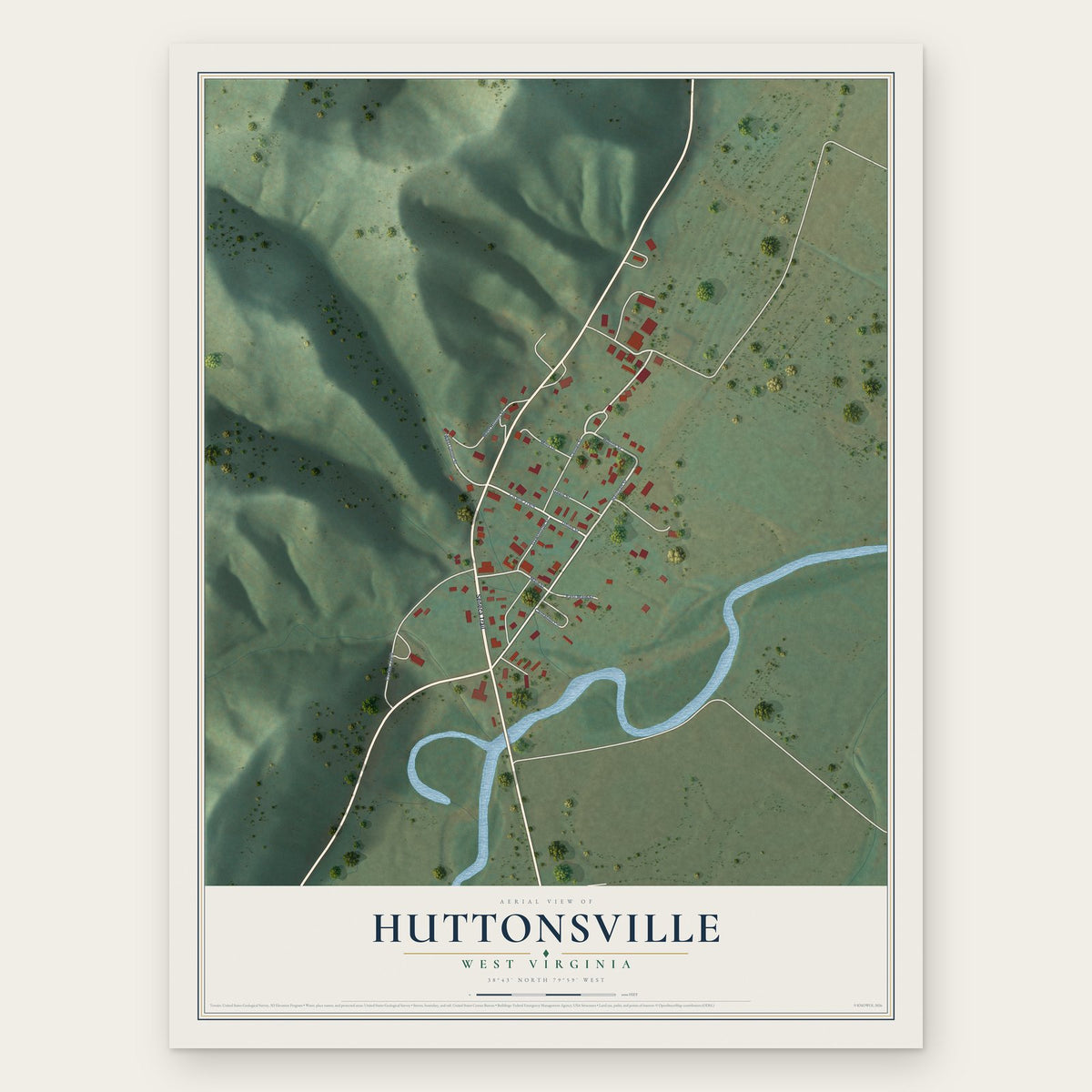 Huttonsville, West Virginia map print, the full design