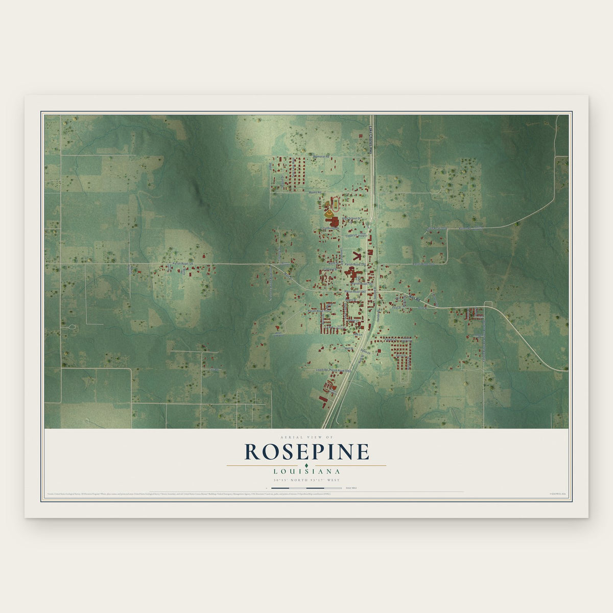 Rosepine, Louisiana map print, the full design