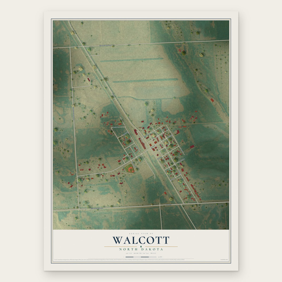 Walcott, North Dakota map print, the full design