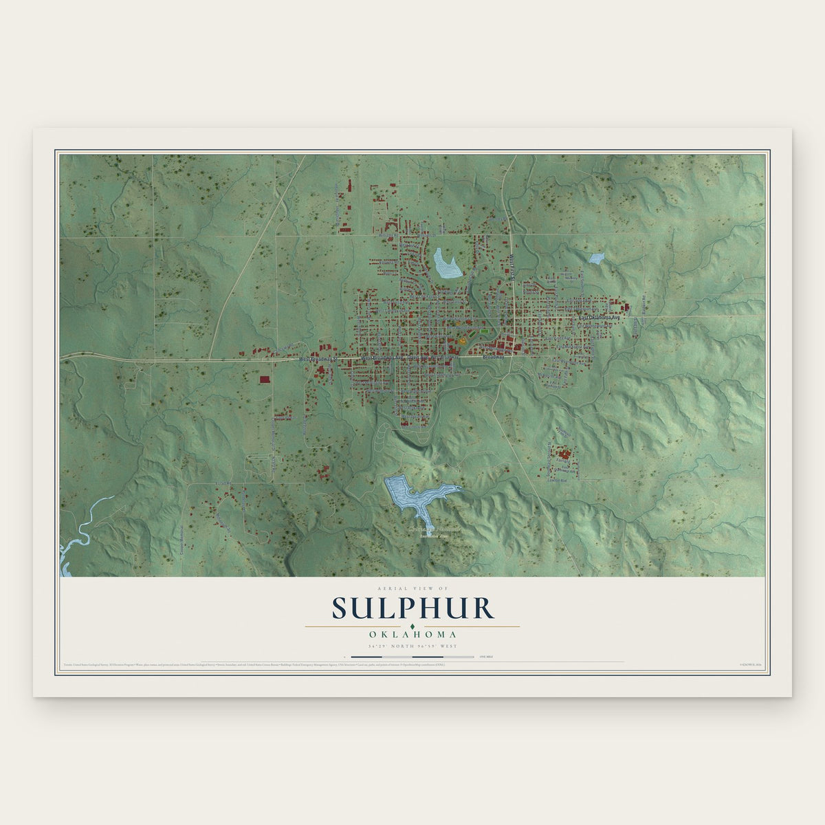 Sulphur, Oklahoma map print, the full design