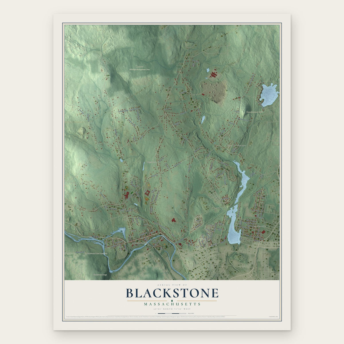 Blackstone, Massachusetts map print, the full design