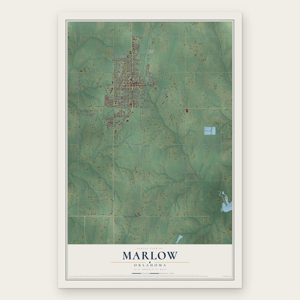 Marlow, Oklahoma map print, the full design