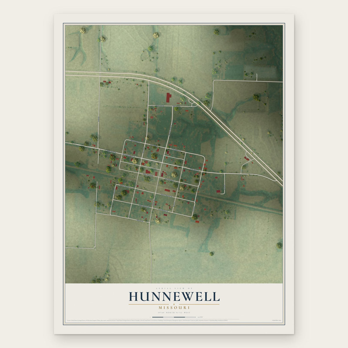 Hunnewell, Missouri map print, the full design