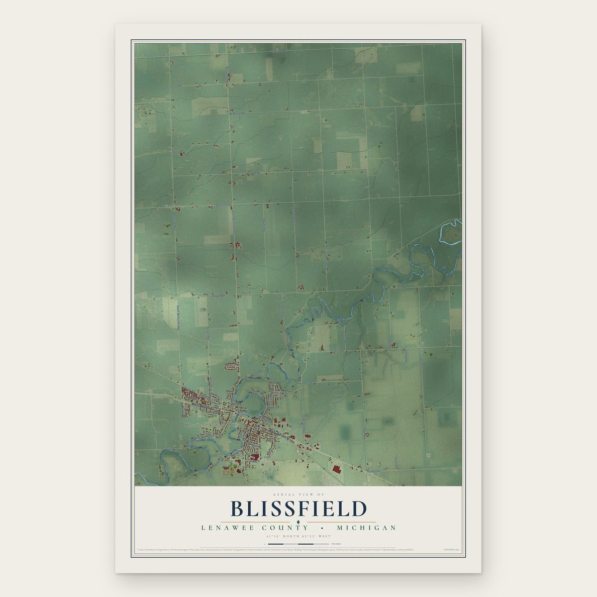 Blissfield, Lenawee County, Michigan map print, the full design