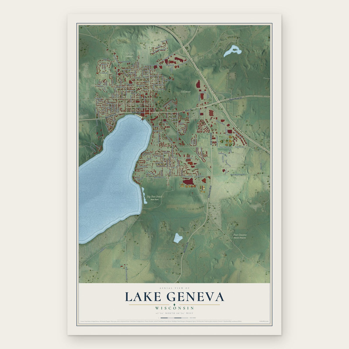 Lake Geneva, Wisconsin map print, the full design