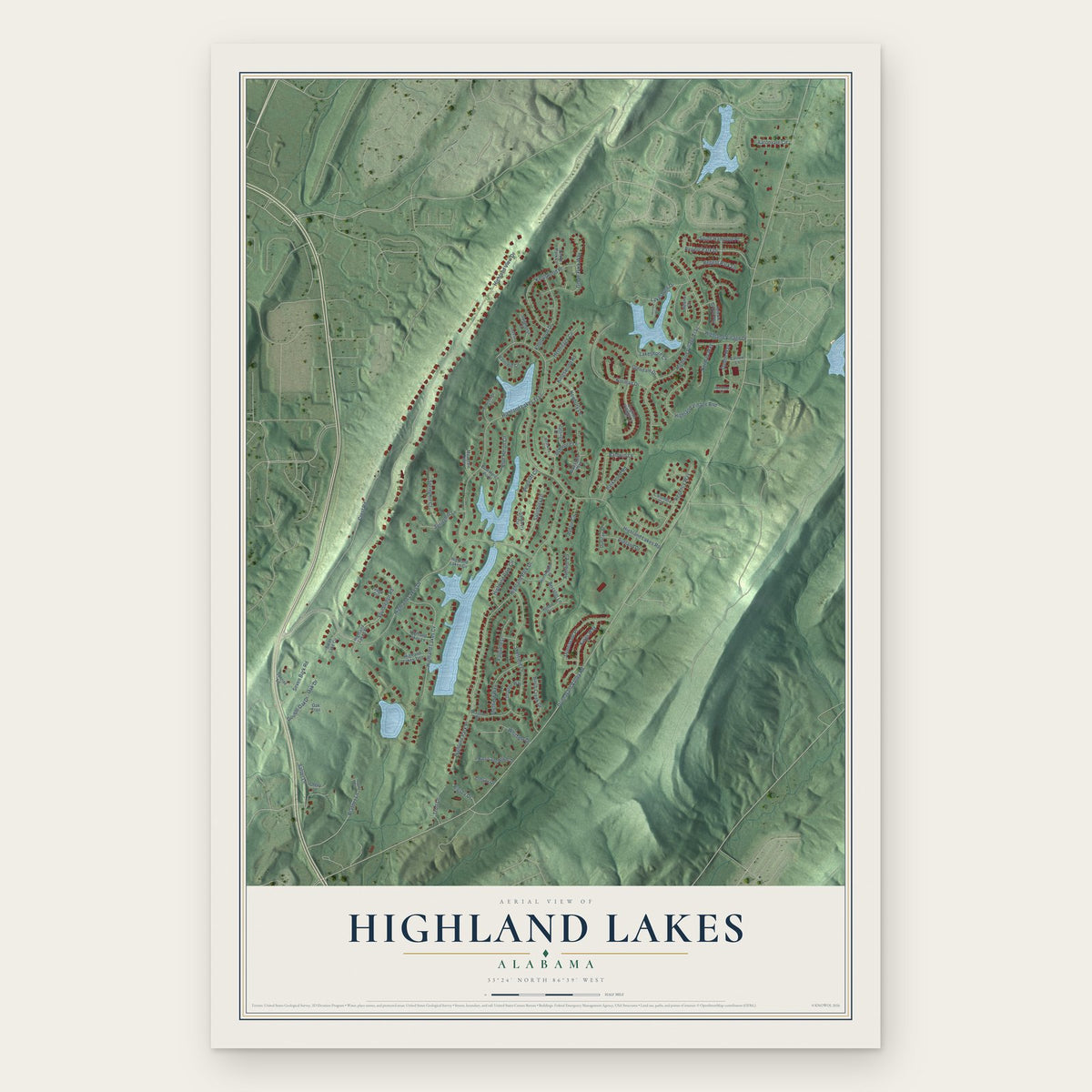 Highland Lakes, Alabama map print, the full design