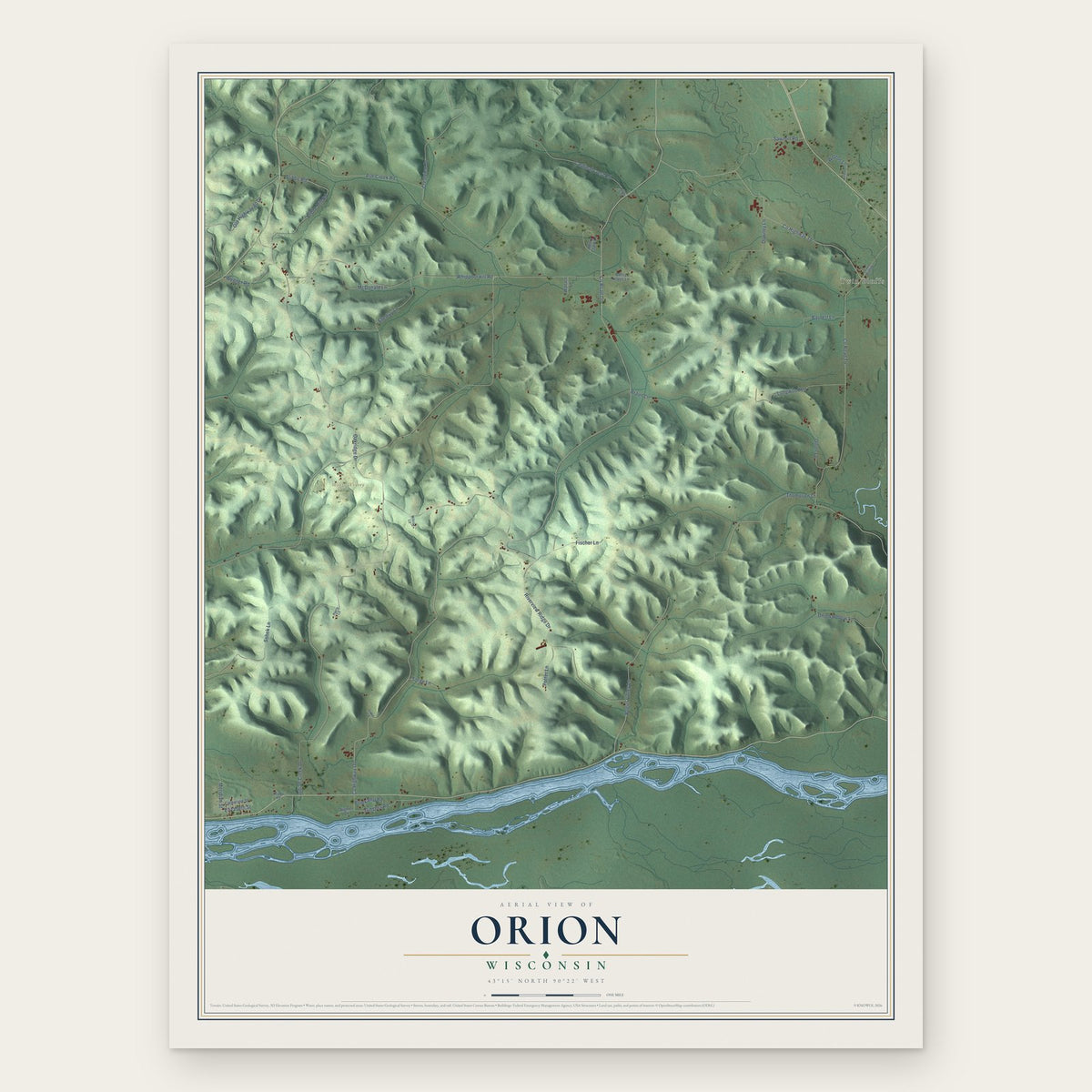 Orion, Wisconsin map print, the full design