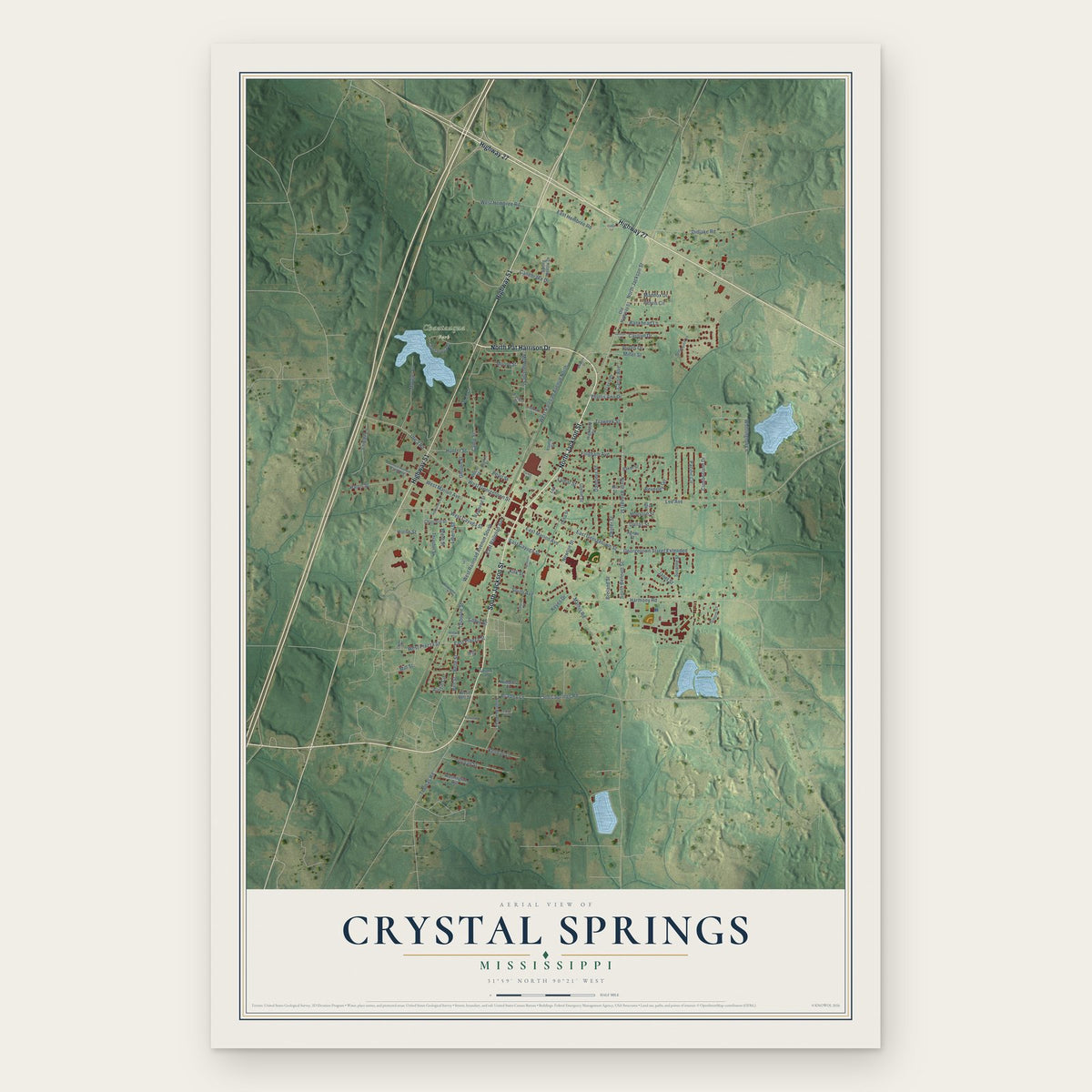 Crystal Springs, Mississippi map print, the full design