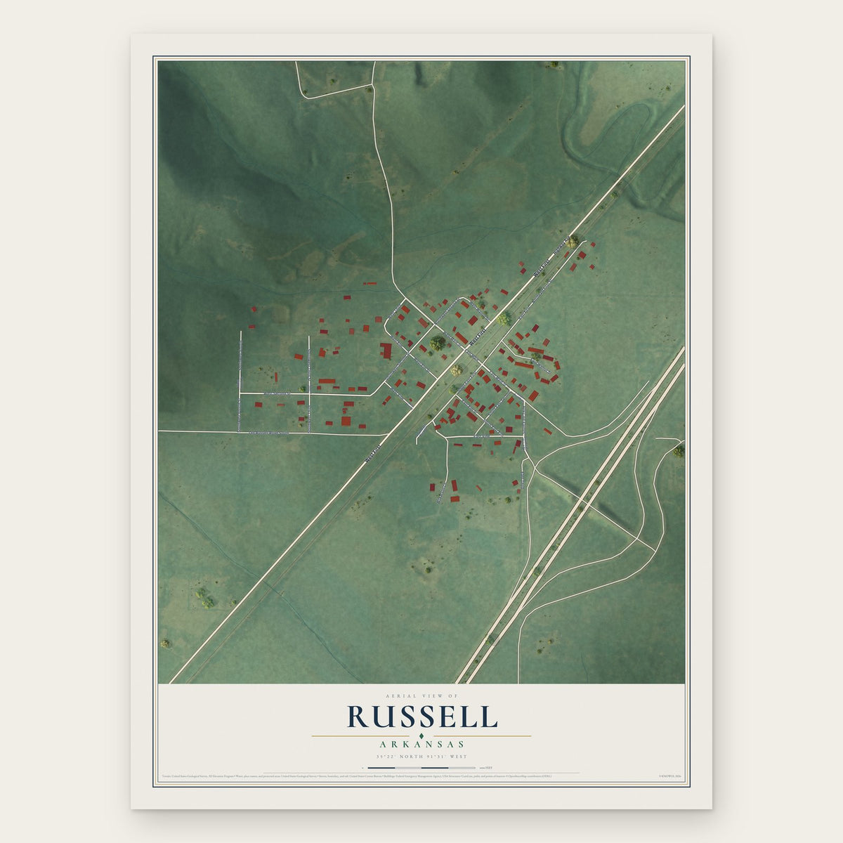 Russell, Arkansas map print, the full design