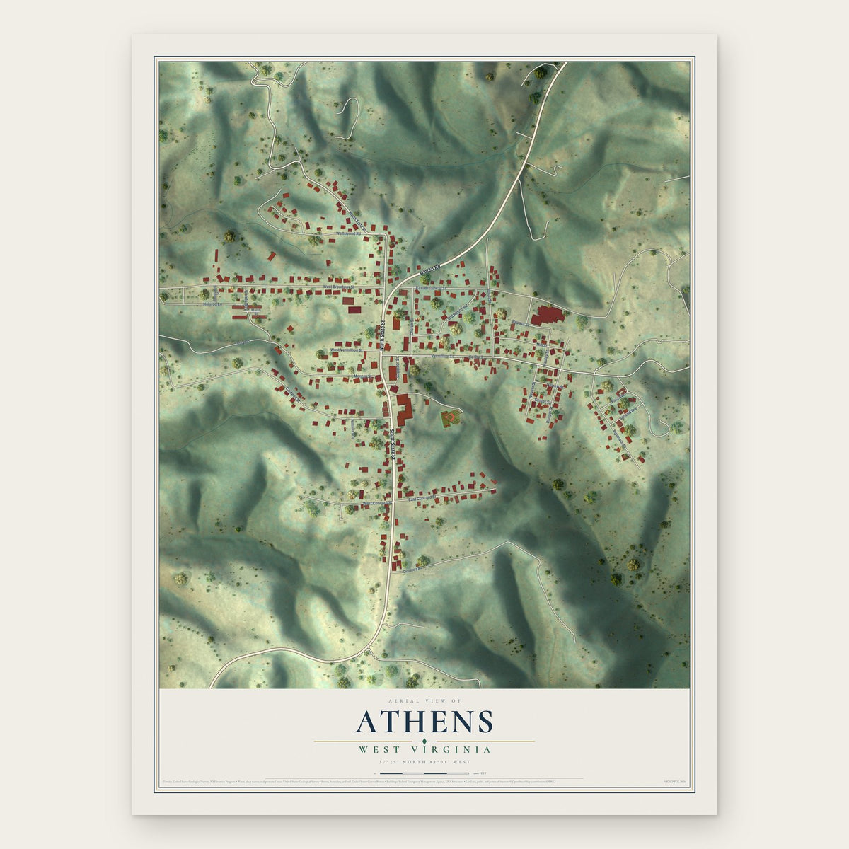 Athens, West Virginia map print, the full design