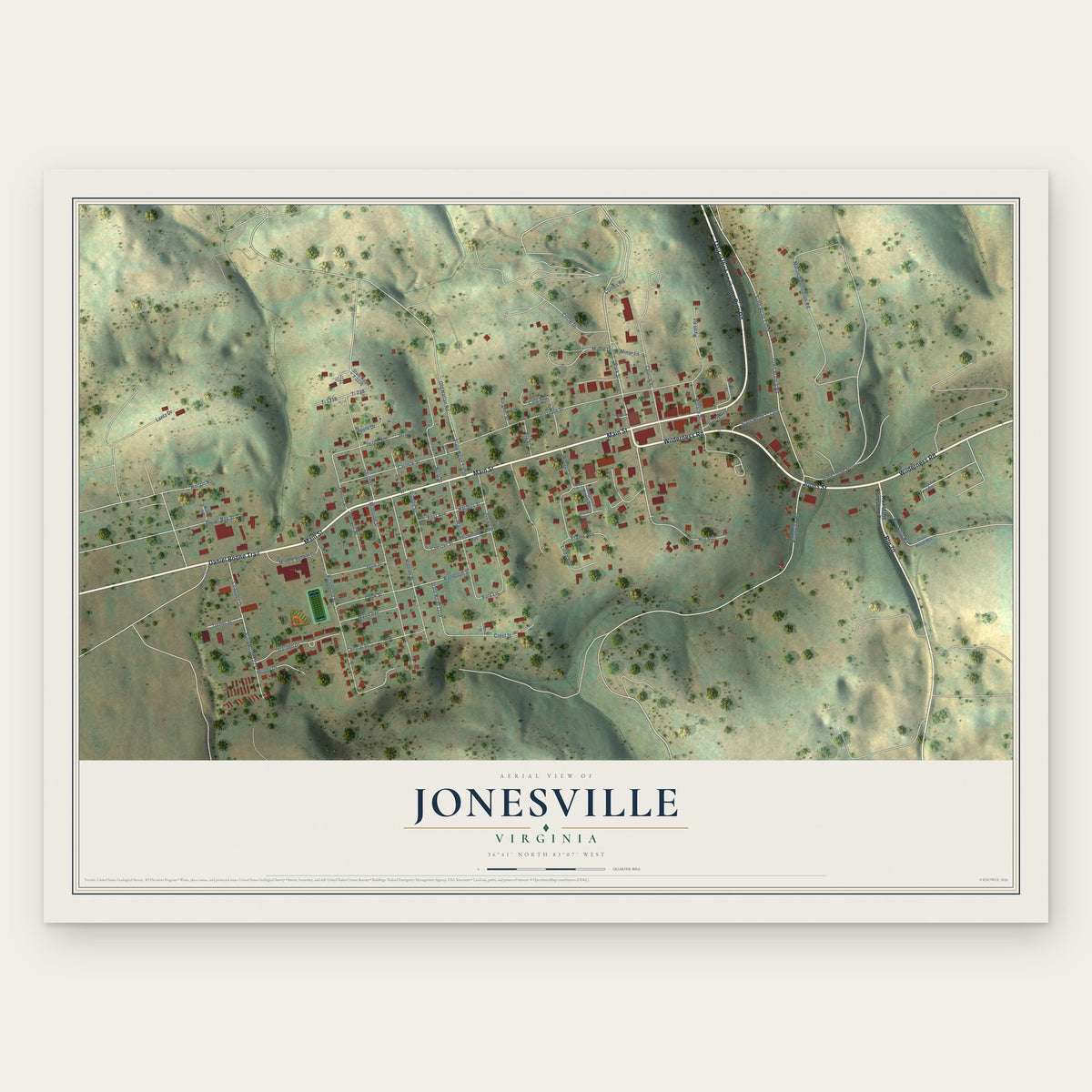 Jonesville, Virginia map print, the full design