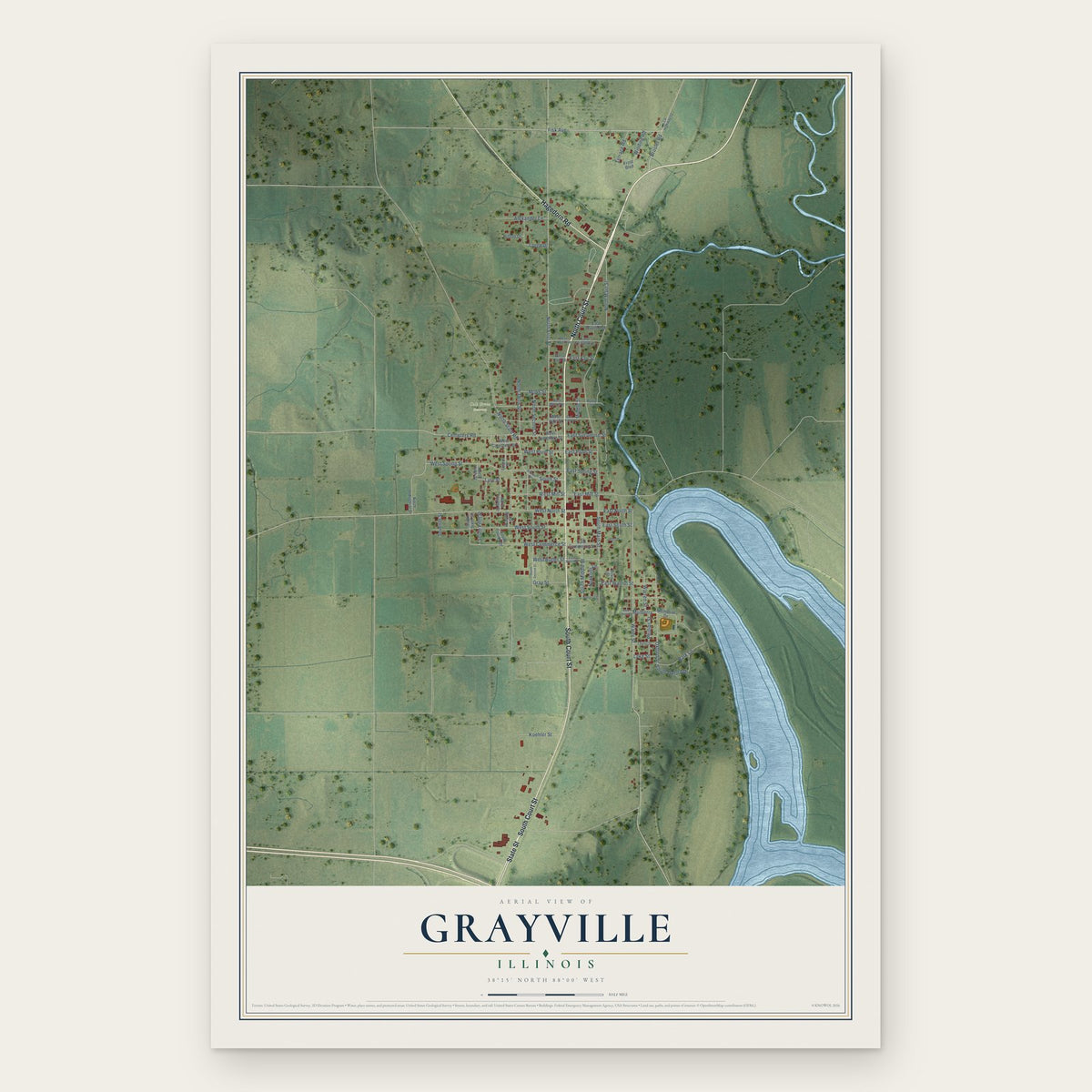 Grayville, Illinois map print, the full design