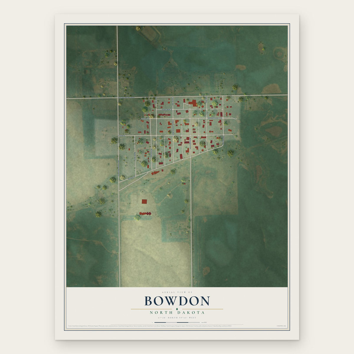 Bowdon, North Dakota map print, the full design