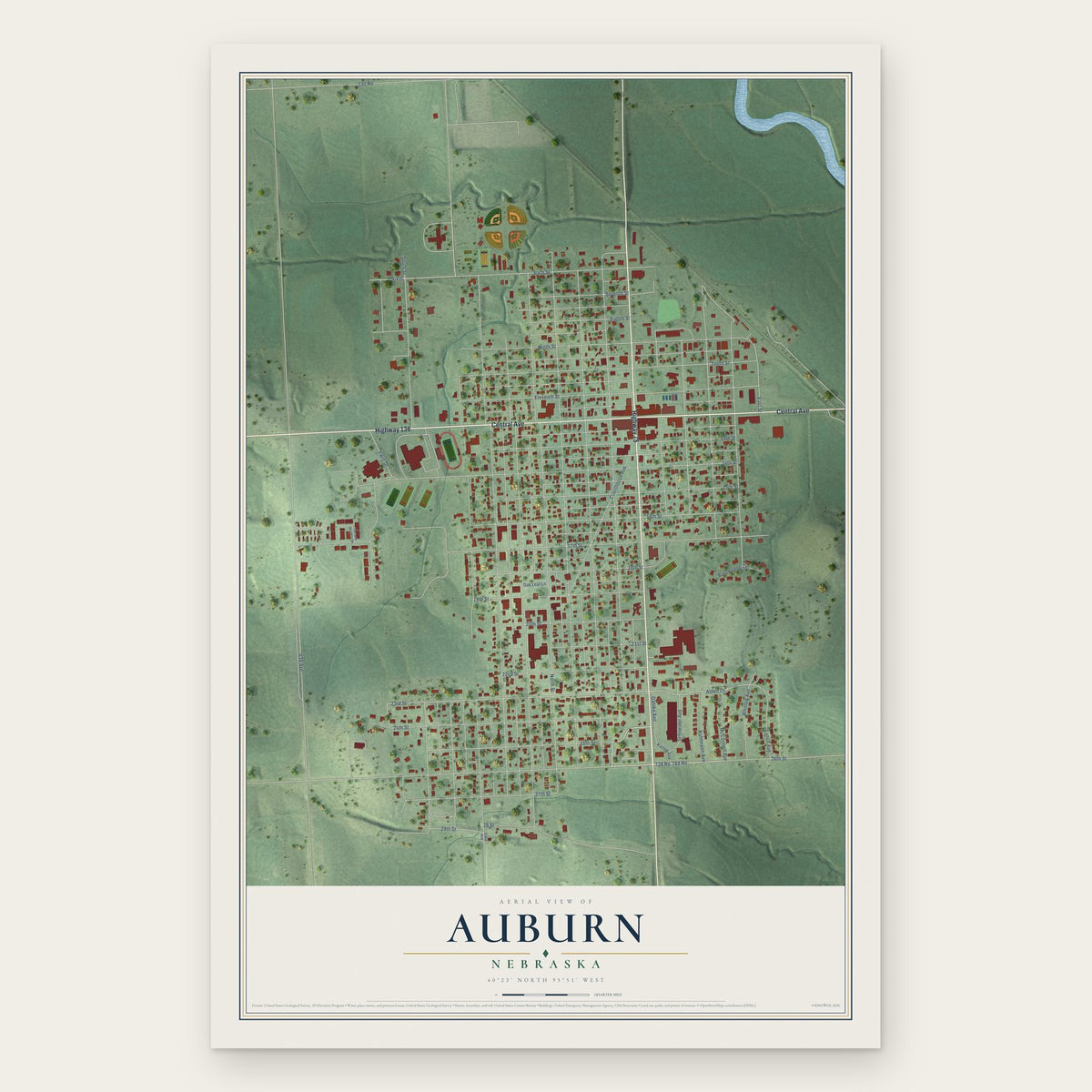 Auburn, Nebraska map print, the full design