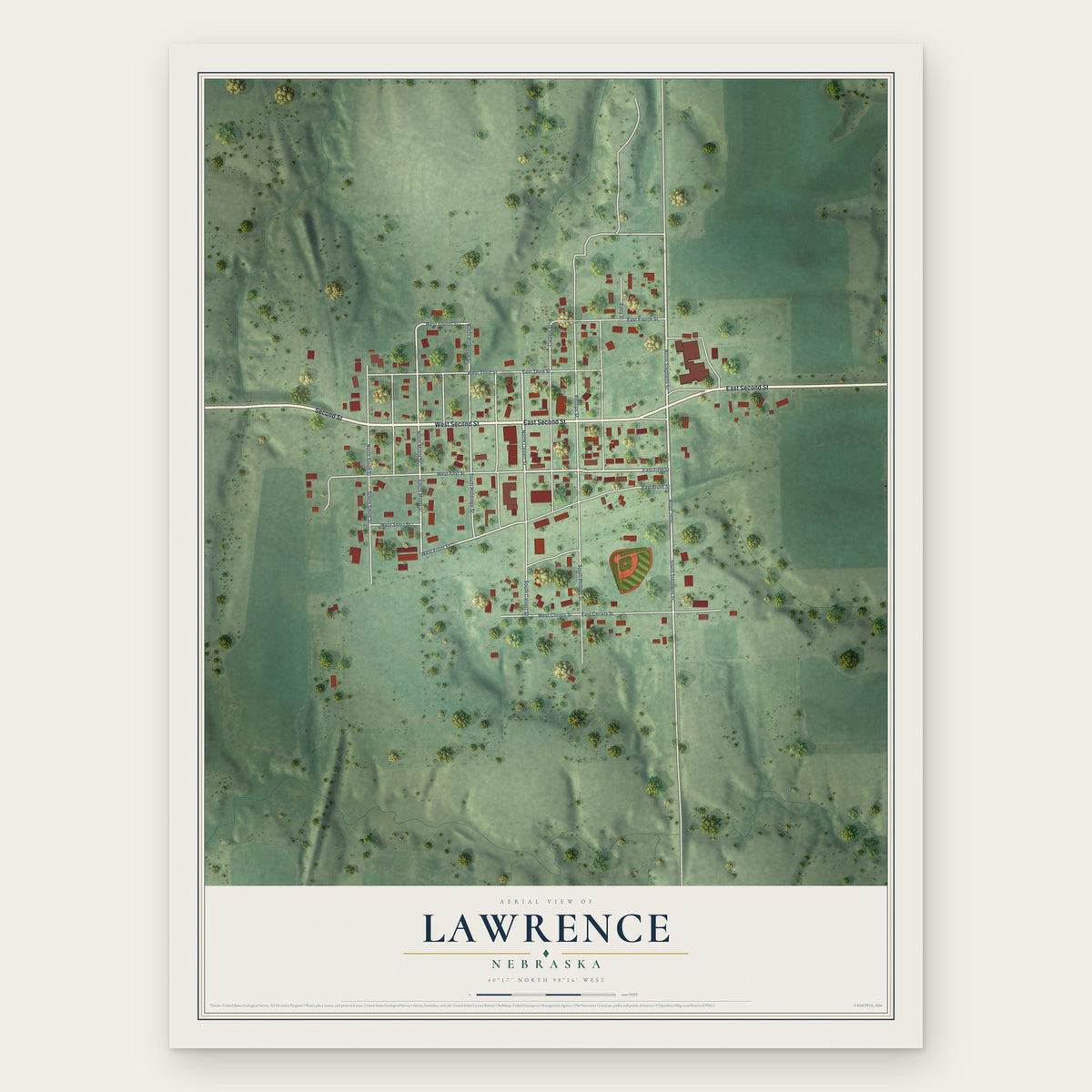 Lawrence, Nebraska map print, the full design