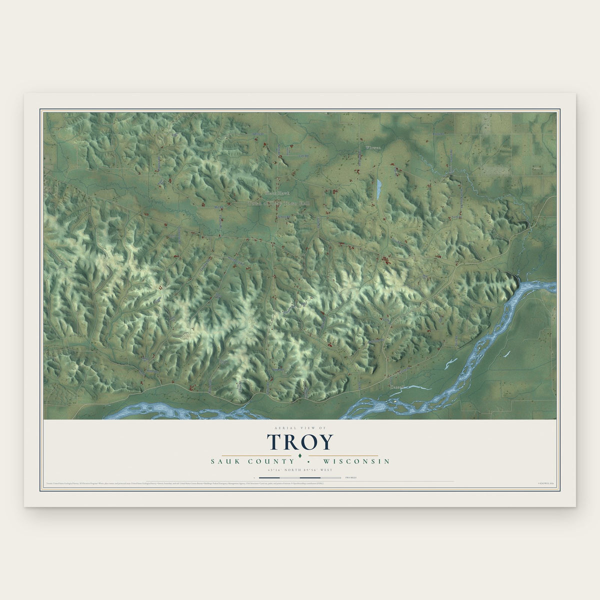 Troy, Sauk County, Wisconsin map print, the full design